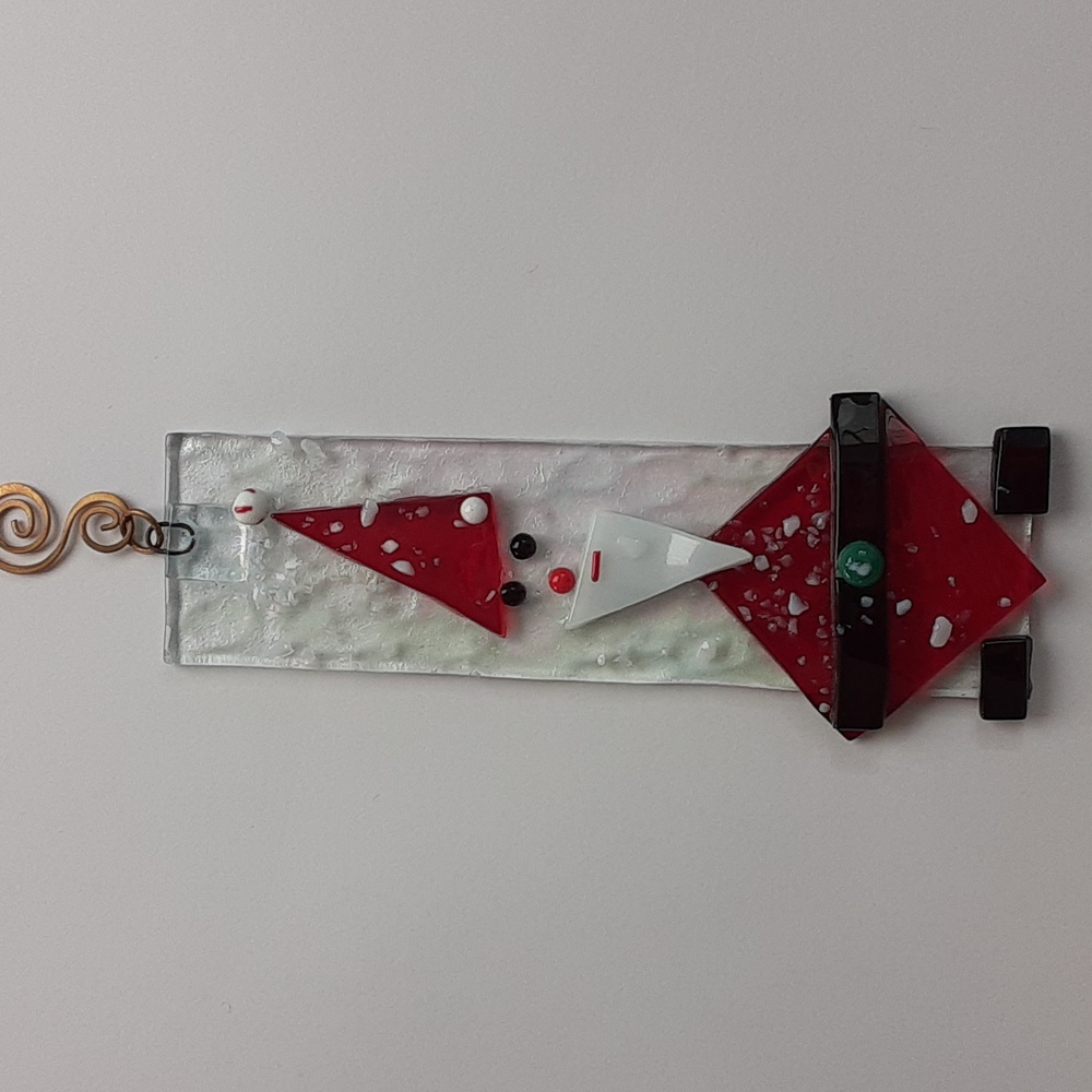 Fused Art Glass Santa Ornament Geometric Design 5.5" x 1.75" Unsigned